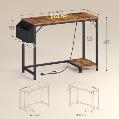 HOOBRO Small Gaming Desk, Computer Desk with Charging Station, Rustic Brown - Image 3