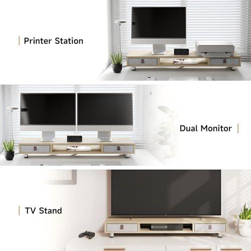 Fenge Dual Monitor Stand, 2-Tier Desk Organizer with Drawers, 42.5in, Oak - Image 5