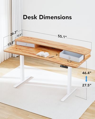 HUANUO 55″ x 26″ Electric Standing Desk with 2 Drawers, C-Clamp Mount Compatible, Height Adjustable Computer Desk, Home Office Stand Up Desk with 4 Preset Heights & 2 Hooks, Light Vintage - Image 3