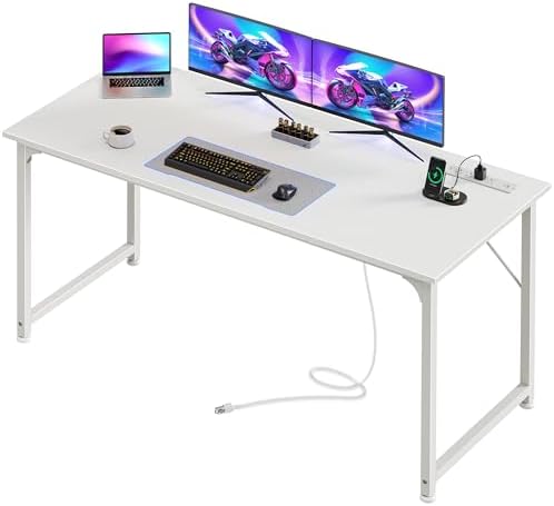 PRAISUN 55 X 20 Inch Computer Desk, Power Outlets, USB-C, White by PRAISUN