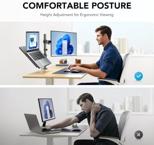 HUANUO Adjustable Monitor Arm with Laptop Tray, Single Desk Mount for 13-32" VESA Monitors up to 22 lbs, 14" x 12" Laptop Tray - Image 3
