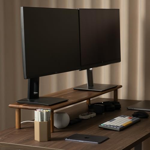 Dual Monitor Stand Riser, Acacia Wood Desktop Shelf with Storage - Image 2