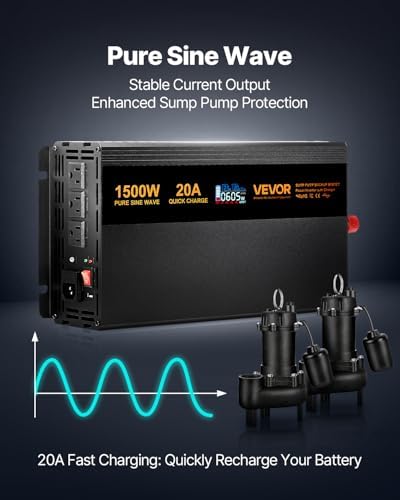 VEVOR Sump Pump Battery Backup System, 1500W, Auto Switches to Battery Inverter for Continuous Sump Pump Operation, Pure Sine Wave, LCD Display, for Basement Protection Emergency and Power Outage - Image 6