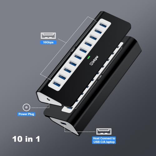 Powered USB Hub, intpw 10 Port USB 3.1 Hub with 10Gbps Data Transfer, 36W(12V/3A) Power Adapter, USB Type A and Type C Cable, Grey USB Hub for Laptop, MacBook and Desktop Computer - Image 2