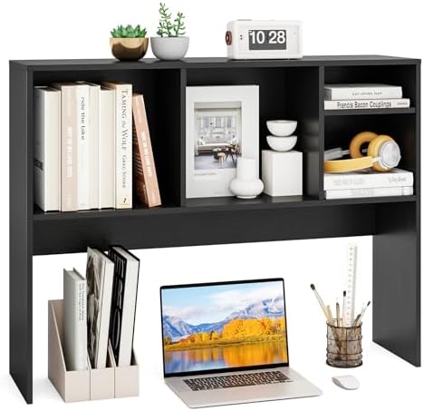 GOFLAME 4 Cubes Desktop Bookshelf, 37” Tabletop Wood Desk Shelf for Computer Monitor, Modern Countertop Desk Display Hutch Storage Organizer Shelf for Home Office, Dorm, Study, Black by GOFLAME