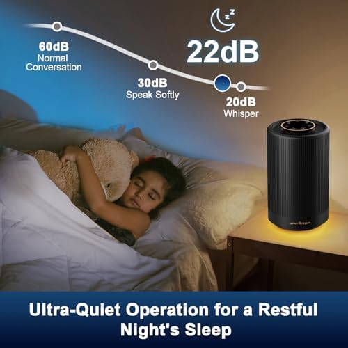 Small Air Purifiers for Home Bedroom Coverage 450 sqft, 22 dB Quiet Air cleaner with Brushless Motor, for 99.97% Dust Smoke Odor Pollen Pets Hair Dander, Night Light, JF100 Black - Image 3