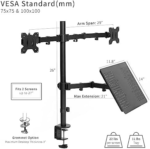 VIVO Laptop and Dual 13 to 27 inch LCD Monitor Stand up Desk Mount, Tall Adjustable Stand, Fits Laptops up to 17 inches, Black, STAND-V012J - Image 3