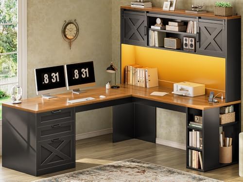 SEDETA 67" Farmhouse L Shaped Desk with Hutch, Black+Brown by SEDETA