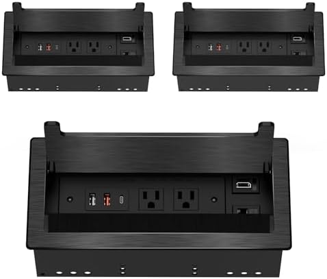 3Pack Conference Table Power Hub, Outlet Multimedia Connectivity Box with 1 HDMI + 1 RJ45 + 20W USB C + 2 USB A + 2 AC Outlets, Heavy Duty Metal Table Top Box for Countertop Office UL Listed by Kungfuking