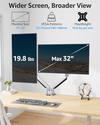 MOUNTUP Dual Monitor Desk Mount, Die-Cast Aluminum Fully Adjustable Double Monitor Arm, Computer Monitor Stand Fits 2 Screen 17 to 32 inch - Each Arm Holds 4.4-19.8LBS - Image 2