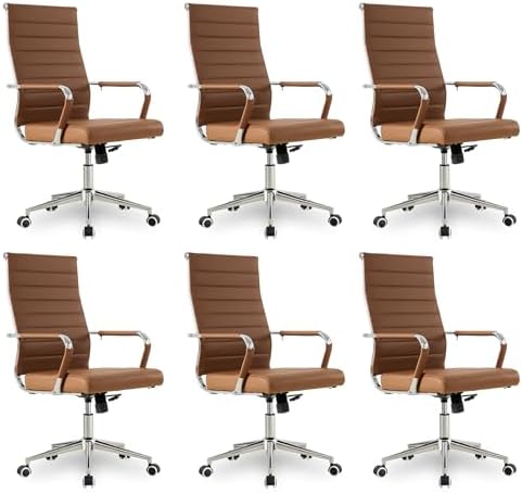 Okeysen Office Desk Chair, Ergonomic Leather Modern Conference Room Chairs, Executive Ribbed Height Adjustable Swivel Rolling Chair for Home Office Set of 6. (Brown) by Lepdep