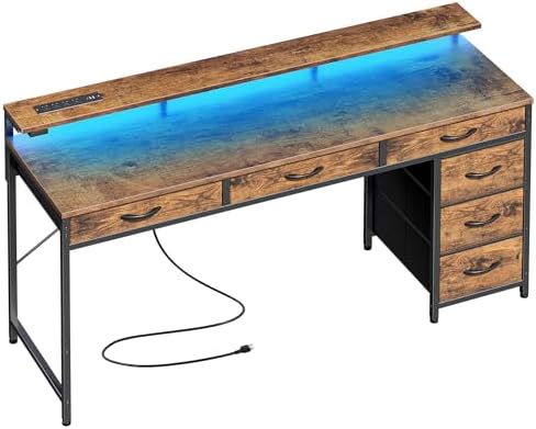 Huuger Gaming Desk with 6 Drawers, Computer Desk with LED Lights Power Outlets and Type-C, 55 Inch Office Desk with Storage, Monitor Stand, Writing Desk for Home Office, Rustic Brown, 1CD102F by Huuger