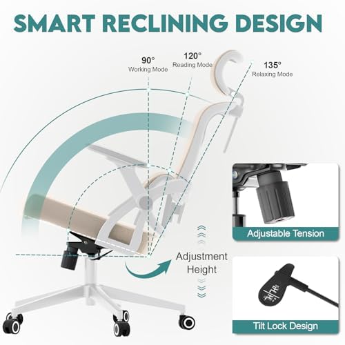 Monhey Ergonomic Office Chair, 90°-125° Tilt Back Home Desk Chair with 360° Swivel & Mute Wheels, High Back Mesh Computer Chair for Adults with Lumbar Support, 330 LBS Capacity (05Khaki) - Image 4