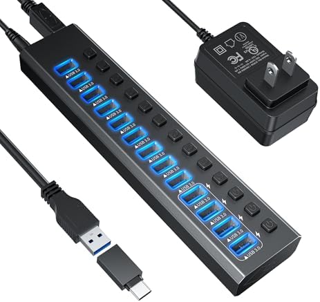 Powered USB Hub 3.0, Leinsis 13-Port USB 3.0 Hub [Durable Aluminum] 9 Data Transfer Ports+ 4 Smart Charging Ports with Individual On/Off Switches, USB Hub 3.0 Powered with Power Adapter for Laptop PC by LEINSIS
