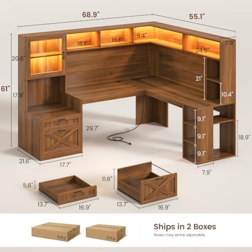 SEDETA Farmhouse 68" L Shaped Office Desk with Hutch, Storage Drawers - Image 2