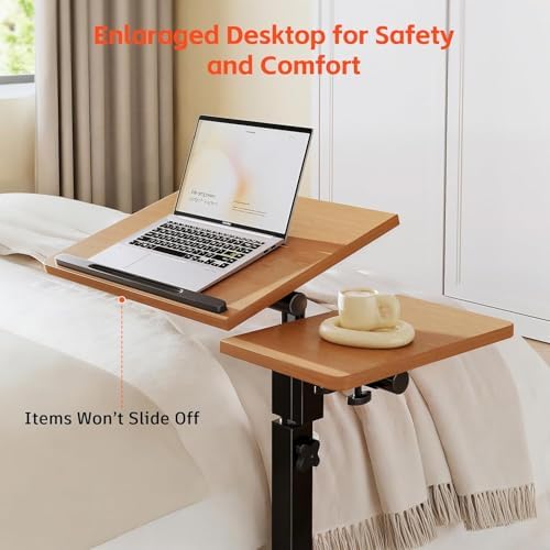Laptop Desk Stand for Bed Portable Desk Overbed Bedside Mobile Laptop Table Rolling Foldable Table Adjustable Height with Locked Wheels & Mouse Pad for Office Sofa (Natural Color) - Image 6
