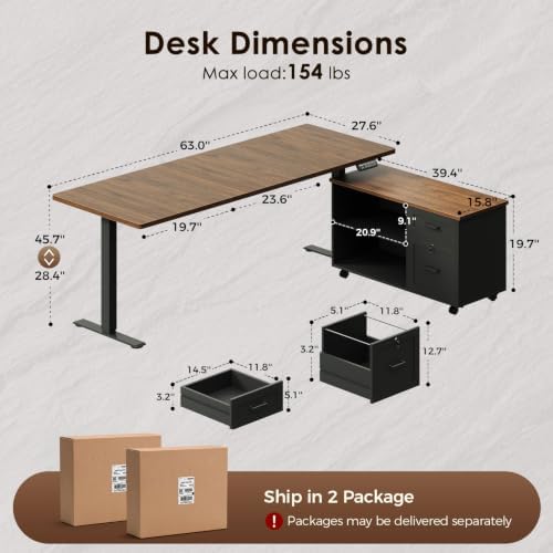OffiGo 63" L Shaped Electric Standing Desk with Cabinet Sets, Walnut/Black - Image 2