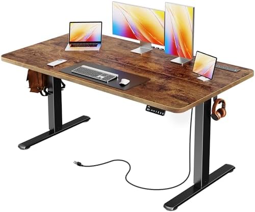 Huuger 55 X 24 Inch Electric Standing Desk with Power Outlets and USB-C Port, Height Adjustable Desk, Sit Stand Desk for Home Office, Computer & Gaming Desk, Stable Steel Frame, Rustic Brown by Huuger