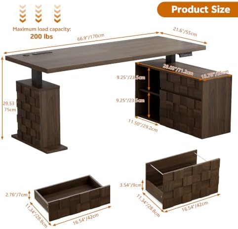 67" L Shaped Standing Desk with Drawers Electric Corner Desk Brown - Image 2