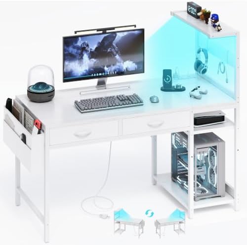 40 Inch Small Gaming Desk with Drawers & Led Lights & Storage Bag, White by YOUDENOVA