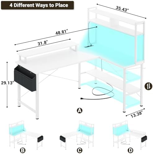 Aheaplus L Shaped Gaming Desk with Power Outlets & LED Lights, White - Image 2