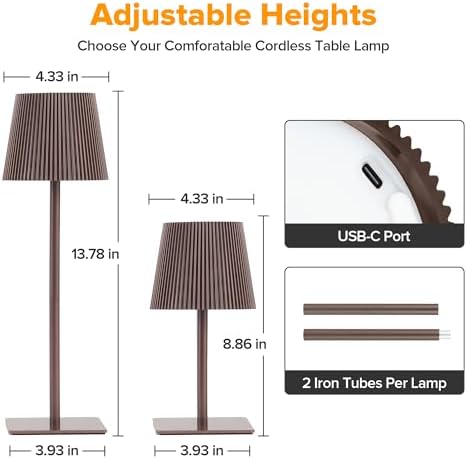 LUTEC 4 Pack Cordless Table Lamp,6000mAh Rechargeable Battery Operated Desk Lamp,Two Adjustable Heights,Waterproof, Touch Control & 3 Color Stepless Dimming for Restaurant/Bedroom/Bars/Outdoor (Brown) - Image 4