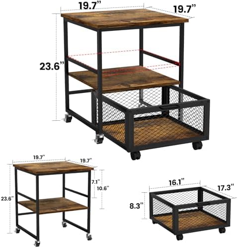 19.7x19.7in Mobile Mini Fridge Stand with 3 Storage,Small Beverage Refrigerator Table with Wheels Rolling Compact Drawer Cart,Great for Dorm Home Office, Printer Stand, Coffee Table - Image 5