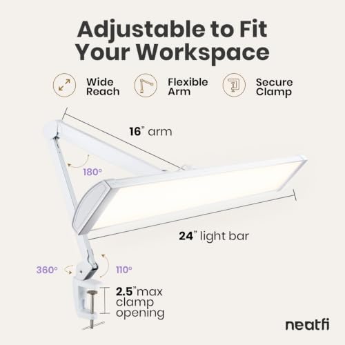 Neatfi Pro LED Desk Lamp with Clamp | 2,300 Lumens | CRI 95 | 30W Dimmable | Adjustable Color Modes | 360 LED Beads | Adjustable Arm for Home Office & Workbench (White-6, 24-Inch Wide Shade) - Image 5