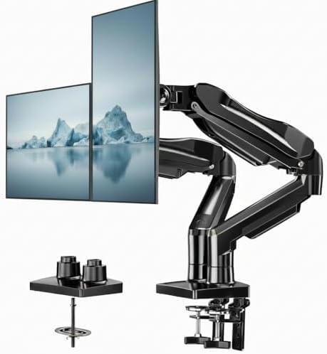 HUANUO FlowLift™ Dual Monitor Stand, Fully Adjustable Gaming Monitor Desk Mount for 13–30″ Computer Screens, Full Motion VESA 75x75/100x100 with C-Clamp & Grommet Base, Each Arm Holds 4.4 to 19.8 lbs by HUANUO