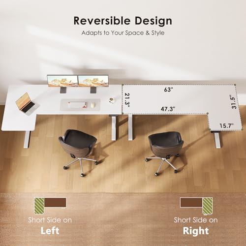 OffiGo 63 Inch Reversible L Shaped Electric Standing Desk, White - Image 5