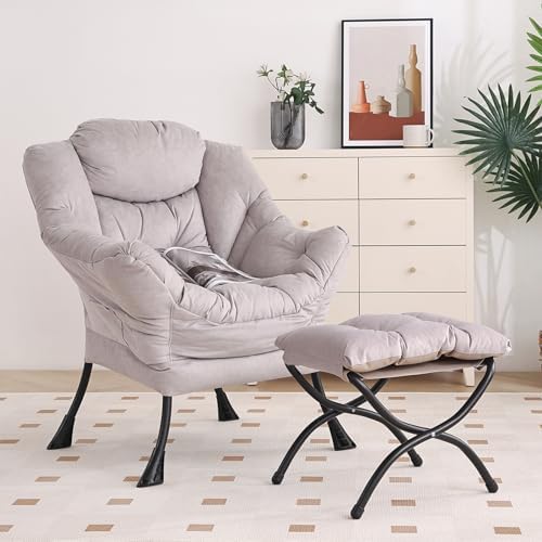 Furlide Lazy Chair with Ottoman, Modern Chair with Folding Footrest, Lounge Accent Chair, Comfortable Reading Chair, Oversized Armchairs for Bedroom, Study, Living Room, Courtyard (Light Grey) by Furlide