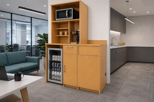 BREAKtime Fridge Space Hutch Cabinet with Microwave Space and Trash Bin, Commercial Office Breakroom Cabinet, Fully Assembled, 54" W x 24" D x 75" H, Appliances Not Included, Beech - Image 2