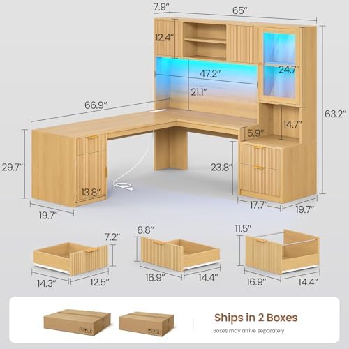 SEDETA 67" x 65" L Shaped Desk with Hutch, RGB LED Corner Computer Desk with Power Outlets, Fluted Home Office Desk with File Drawer, Storage Cabinet & Glass Display Cabinet for Gaming & Working, Oak - Image 2