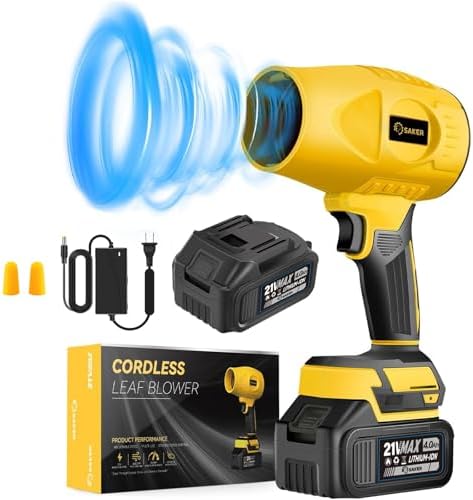 Saker Handheld Cordless Leaf Blower Portable Dust Cleaner 180000 RPM Compressed Air Duster with Adjustable Speed for Drying Patio Cleaning Camping 2 x 4.0Ah Battery Yellow by Saker