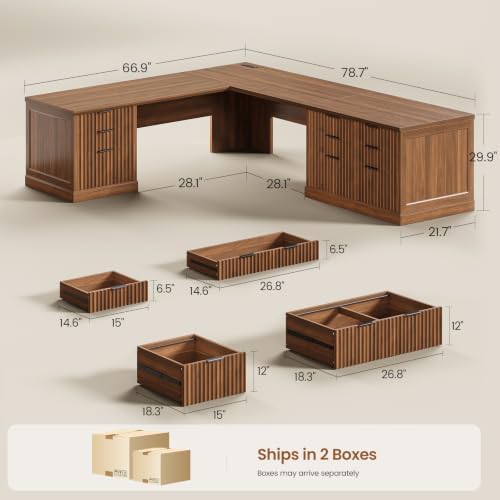 SEDETA Fluted 78.8" L Shaped Executive Desk with 6 Drawers, Brown - Image 2