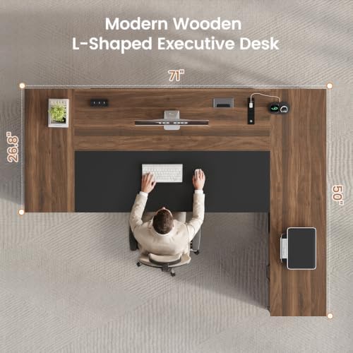 71" L Shaped Corner Home Office Desk, Large Executive Computer Desk with Lockable File Cabinet, 2 Drawers, Storage Cabinet, Power Outlets, CPU Stand, Storage Shelves & Modesty Panel, Walnut - Image 2