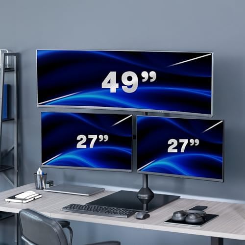 VIVO Triple Monitor Extra Tall Desk Stand for up to 49 inch Ultrawides on Center Bracket and 27 inch Screens on Side Brackets, Holds up to 44 lbs, Tempered Glass Base, Black, STAND-V103T-GB - Image 4
