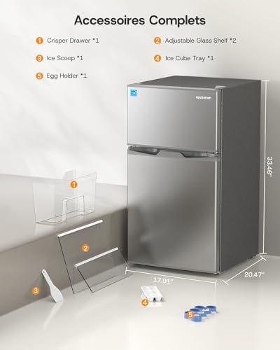 Upstreman 3.1 Cu.Ft Mini Fridge with Freezer, Double Door Small Refrigerator, Adjustable Thermostat, Energy Star Certified Low Noise Mini Refrigerator for Bedroom, Dorm, Apartment Silver-TM31 - Image 2