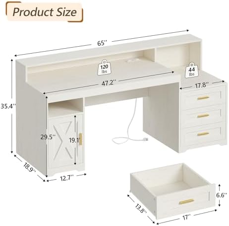 TVU 65" White Computer Desk with Drawers and Printer Stand for Home Office - Image 2