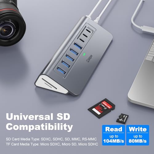 Powered USB Hub 10Gbps, intpw YH6AC Plus 10-Port USB 3.2 Hub(USB A+USB C 3.2+3 USB-A 3.0+2 PD 45W Fast Charging Ports+SD/TF Card Reader), 65W Power Adapter,Aluminum USB HUB for PC,Laptop,iPhone 17/16 - Image 3