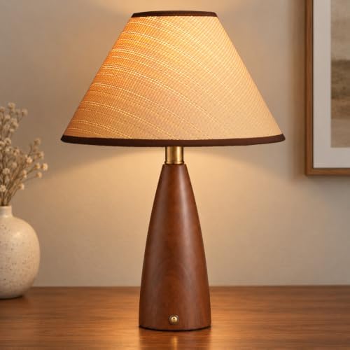 Mid Century Modern Touch Table Lamp with Brown Wooden Base by URLIGHTS