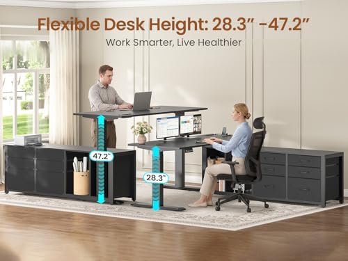 SEDETA L Shaped Electric Standing Desk with 6 Fabric Drawers, 55" x 55" Height Adjustable Office Executive Desk with Storage Shelves, Stand up Computer Desk with Power Outlet (Black) - Image 4