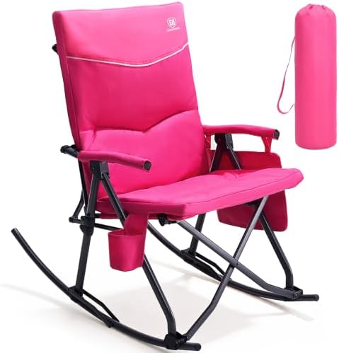 EVER ADVANCED Oversized Folding Rocking Camping Chair, Padded Portable Rocker Chair for Patio, Lawn and Outdoors, Heavy Duty Hard Armchair for Adults Supports 400lbs, Pink by EVERADVANCED