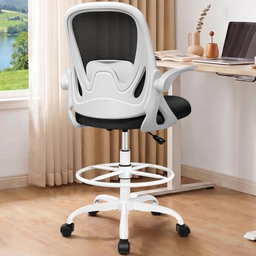 Drafting Chair Tall Office Chair with Flip-up Armrests, Adjustable Height, and Enhanced Lumbar Support - Ergonomic Rolling Stool, Back Support, and Adjustable Foot Rest Ring for Standing Desk White - Image 2