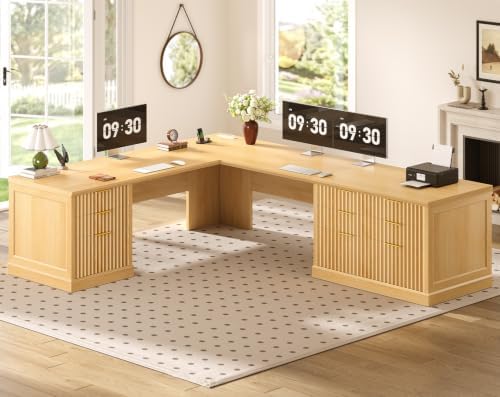 SEDETA Fluted 78.8" L Shaped Executive Desk with 6 Drawers, Oak by SEDETA