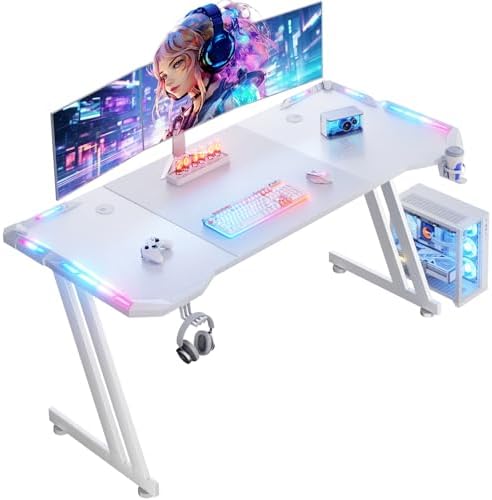 HLDIRECT 63 Inch Gaming Desk with App-Controlled RGB LED Lights, White by HLDIRECT