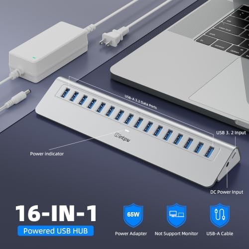 Powered USB Hub 10Gbps, intpw 16-Port USB 3.2/USB A Hub (16 x USB-A 3.2), USB Hub Powered with 65W Power Adapter, 3Ft Cable, Aluminum USB Hub for PC/Laptop,Computer, Flash Drive, Printer, Camera - Image 2