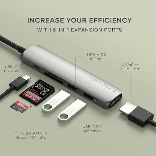 Satechi 6-in-1 USB-C Hub, 4K/60Hz HDMI, 100W PD Charging, Space Gray - Image 2