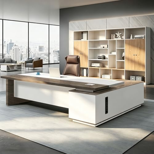 L Shaped Executive Desk with Drawers, Large Office Desk with Storage Cabinet, Wood L Shape Desk for Home Office or Business Workspace, Left or Right Cabinet Option, Multiple Sizes & Colors by Unknown