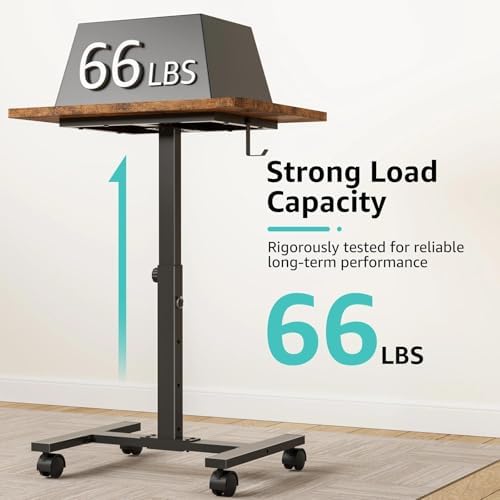 WINAZ Small Portable Laptop Rolling Desk - 24 Inch Mobile Computer Desk Adjustable Height on Wheels for Small Spaces, Couch Kids Desks End Side Table, Teacher Podium for Classroom, Rustic Brown - Image 5